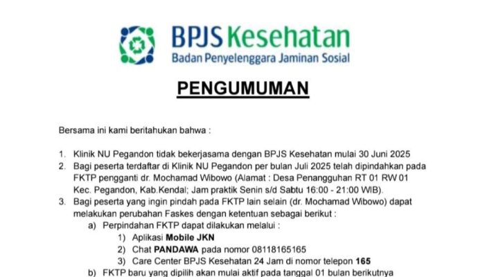 BPJS Kesehatan Putus Kerja Sama dengan Klinik NU Pegandon Kendal